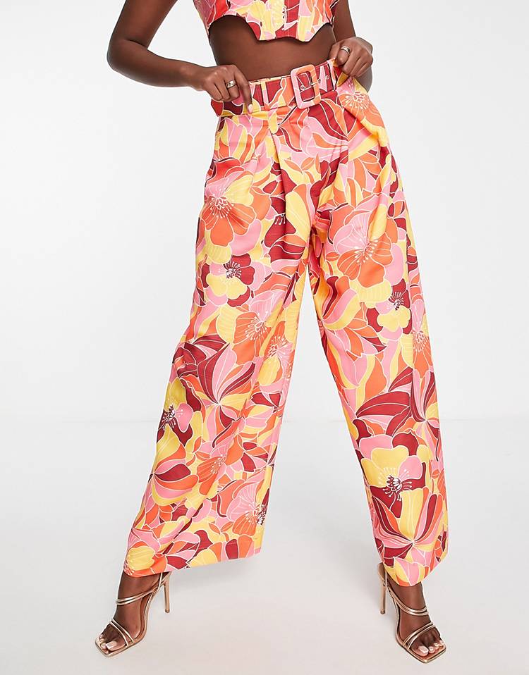 ASOS LUXE crop square neck top and pleated pants set in retro floral print